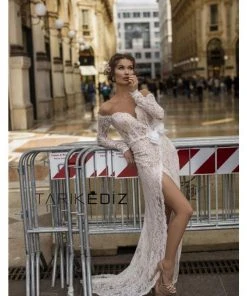 Tarik Ediz - 93625 Long Sleeve Illusion Lace Surplice Evening Dress Formal Gowns