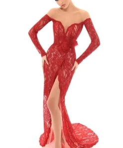 Tarik Ediz - 93625 Long Sleeve Illusion Lace Surplice Evening Dress Formal Gowns