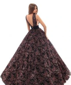 Tarik Ediz - 93641 Plunging Floral Lace Obi Ballgown