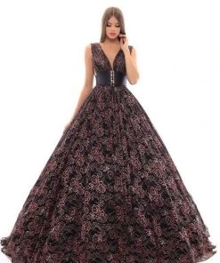 Tarik Ediz - 93641 Plunging Floral Lace Obi Ballgown