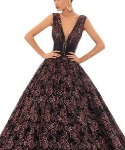 Tarik Ediz - 93641 Plunging Floral Lace Obi Ballgown