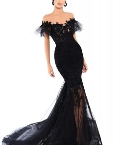 Formal Gowns Tarik Ediz - 93645 Bedazzled Illusion Neck Mermaid Dress With Train