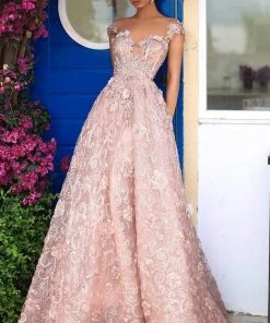 Tarik Ediz - 93654 Floral Applique Illusion Neck A-line Dress Formal Gowns