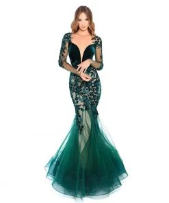 Tarik Ediz - 93656 Floral Applique Illusion Bateau Mermaid Dress