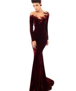 Tarik Ediz - 93663 Floral Applique Long Sleeve Velvet Trumpet Dress
