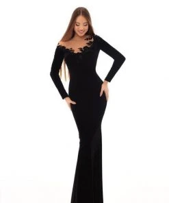 Tarik Ediz - 93663 Floral Applique Long Sleeve Velvet Trumpet Dress