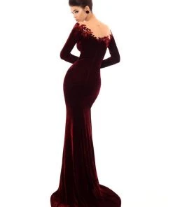 Tarik Ediz - 93663 Floral Applique Long Sleeve Velvet Trumpet Dress