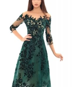 Plus Size Dresses Tarik Ediz - 93667 Floral Sequined Illusion Neck A-line Dress