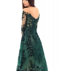 Plus Size Dresses Tarik Ediz - 93667 Floral Sequined Illusion Neck A-line Dress