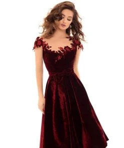 Plus Size Dresses Tarik Ediz - 93668 Floral Embroidered Cap Sleeve A-line Dress