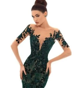 Tarik Ediz - 93669 Floral Sequined Lace Mermaid Dress With Train Formal Gowns