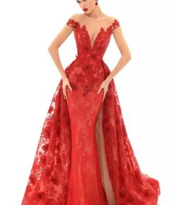 Formal Gowns Tarik Ediz - 93673 Floral Lace Illusion Bateau Dress With Overskirt