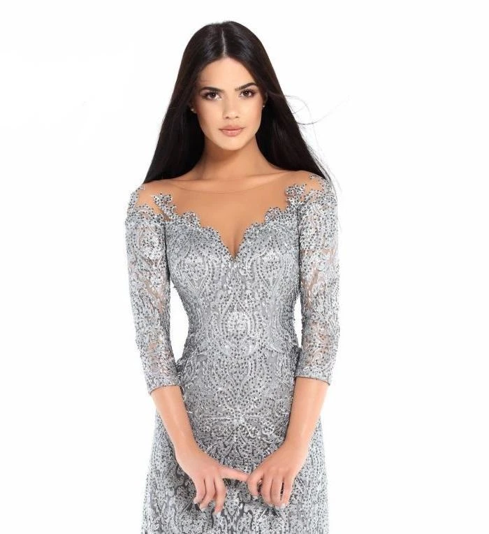 Tarik Ediz - 93677 Illusion Quarter Sleeve Jewel Adorned Sheath Gown Formal Gowns 5 Tarik Ediz - 93677 Illusion Quarter Sleeve Jewel Adorned Sheath Gown Formal Gowns