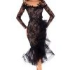 Tarik Ediz - 93679 Embellished Lace Long Sleeve Tulle Trumpet Dress Plus Size Dresses