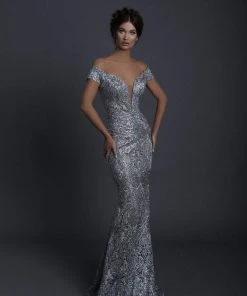 Tarik Ediz - 93680 Embroidered Plunging Off-Shoulder Sheath Dress Formal Gowns