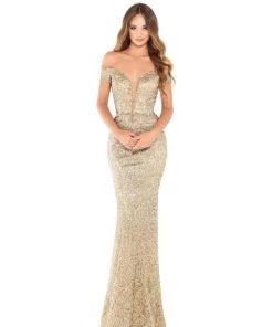Tarik Ediz - 93680 Embroidered Plunging Off-Shoulder Sheath Dress Formal Gowns
