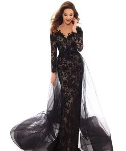 Tarik Ediz - 93685 Floral Lace Long Sleeves Gown With Overskirt