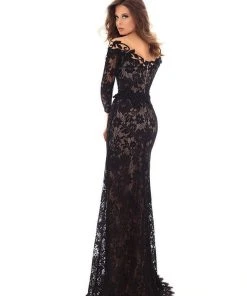 Tarik Ediz - 93685 Floral Lace Long Sleeves Gown With Overskirt