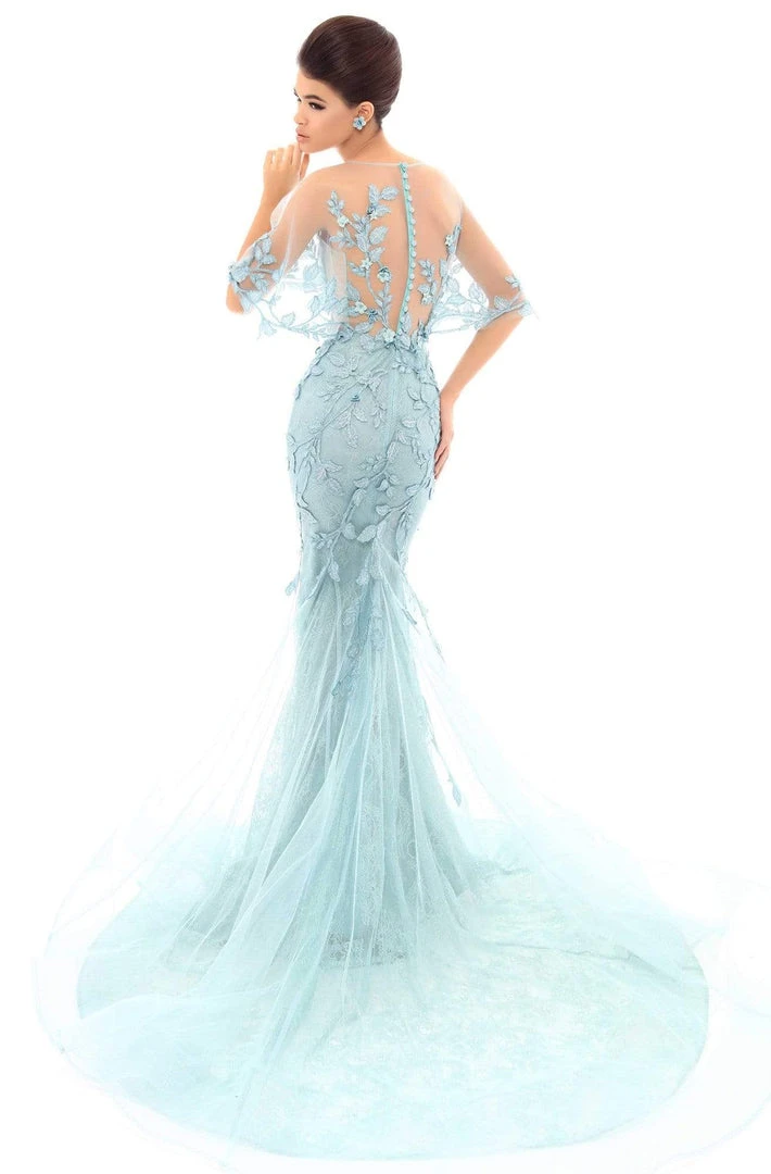 Formal Gowns Tarik Ediz - 93694 Illusion Draped Trailing Foliage Lace Gown 4 Formal Gowns Tarik Ediz - 93694 Illusion Draped Trailing Foliage Lace Gown