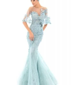 Formal Gowns Tarik Ediz - 93694 Illusion Draped Trailing Foliage Lace Gown