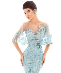 Formal Gowns Tarik Ediz - 93694 Illusion Draped Trailing Foliage Lace Gown 10 Formal Gowns Tarik Ediz - 93694 Illusion Draped Trailing Foliage Lace Gown