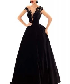 Tarik Ediz - 93697 Floral Applique Cap Sleeve Velvet Ballgown