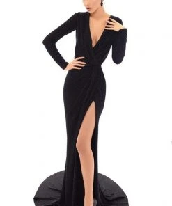 Formal Gowns Tarik Ediz - 93717 Plunging Long Sleeves Gown With Slit