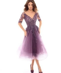 Tarik Ediz - 93721 Lace Embroidered V-Neck Tea Length Dress