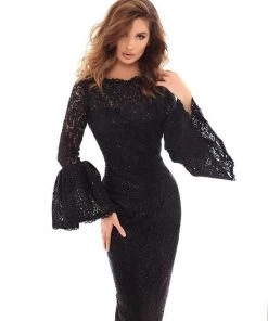 Tarik Ediz - 93723 Flounce-Cuffed Long Sleeve Jeweled Lace Dress Prom Dresses