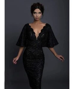 Plus Size Dresses Tarik Ediz - 93725 Lace Scalloped Deep V-neck Sheath Dress 8 Plus Size Dresses Tarik Ediz - 93725 Lace Scalloped Deep V-neck Sheath Dress