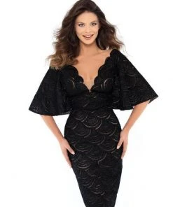 Plus Size Dresses Tarik Ediz - 93725 Lace Scalloped Deep V-neck Sheath Dress