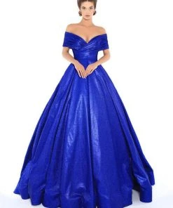 Tarik Ediz - 93730 Plunging Off-Shoulder Pleated Ballgown Formal Gowns