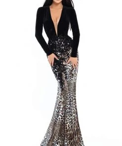Tarik Ediz - 93747 Animal Printed Plunging Long Sleeves Dress