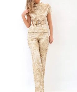 Tarik Ediz - 93810 Short Sleeve High Neck Jumpsuit
