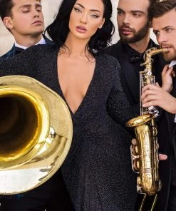 Formal Gowns Tarik Ediz - 93836 Long Sleeve Deep V-neck Trumpet Dress