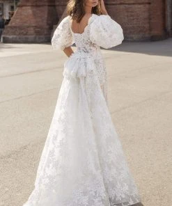 Formal Gowns Tarik Ediz - 93841 Embroidered Scoop Neck Dress With Train