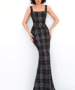 Tarik Ediz - 93850 Plaid Printed Square Neckline Dress With Bolero Formal Gowns