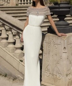 Tarik Ediz - 93863 Long Pearl-Ornate Off Shoulder Pleated Gown Formal Gowns