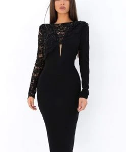 Tarik Ediz - 93870 Beaded Lace Long Sleeve Fitted Dress Cocktail Dresses
