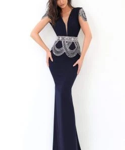 Formal Gowns Tarik Ediz - 93871 Ruched Plunging V-Neck Sheath Dress