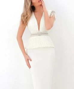 Cocktail Dresses Tarik Ediz - 93875 Pearl-Fringed Sleeve Peplum Dress