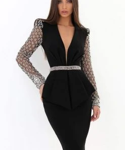 Tarik Ediz - 93880 Embellished Deep V-neck Sheath Dress