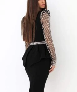 Tarik Ediz - 93880 Embellished Deep V-neck Sheath Dress