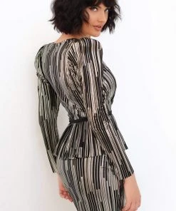 Tarik Ediz - 93886 Deep V-neck Long Sleeve Fitted Dress