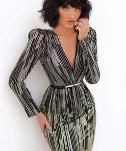 Tarik Ediz - 93886 Deep V-neck Long Sleeve Fitted Dress