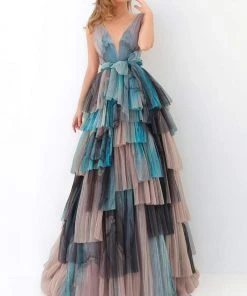 Tarik Ediz - 93896 Deep V-neck Layered A-line Dress Formal Gowns