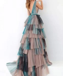 Tarik Ediz - 93896 Deep V-neck Layered A-line Dress Formal Gowns