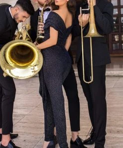 Tarik Ediz - 93909 Plunging Off-Shoulder Jumpsuit Plus Size Dresses