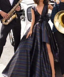 Tarik Ediz - 93910 Deep V-neck Ballgown With Bow Accent Formal Gowns