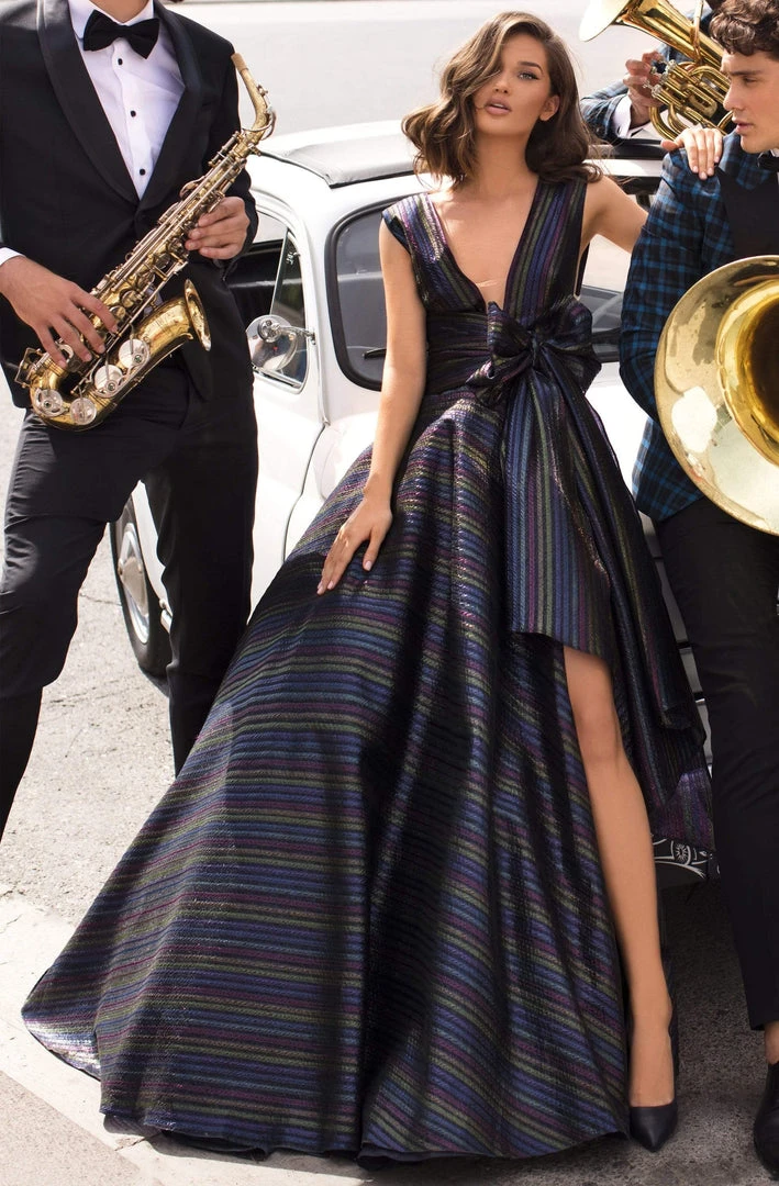 Tarik Ediz - 93910 Deep V-neck Ballgown With Bow Accent Formal Gowns 3 Tarik Ediz - 93910 Deep V-neck Ballgown With Bow Accent Formal Gowns